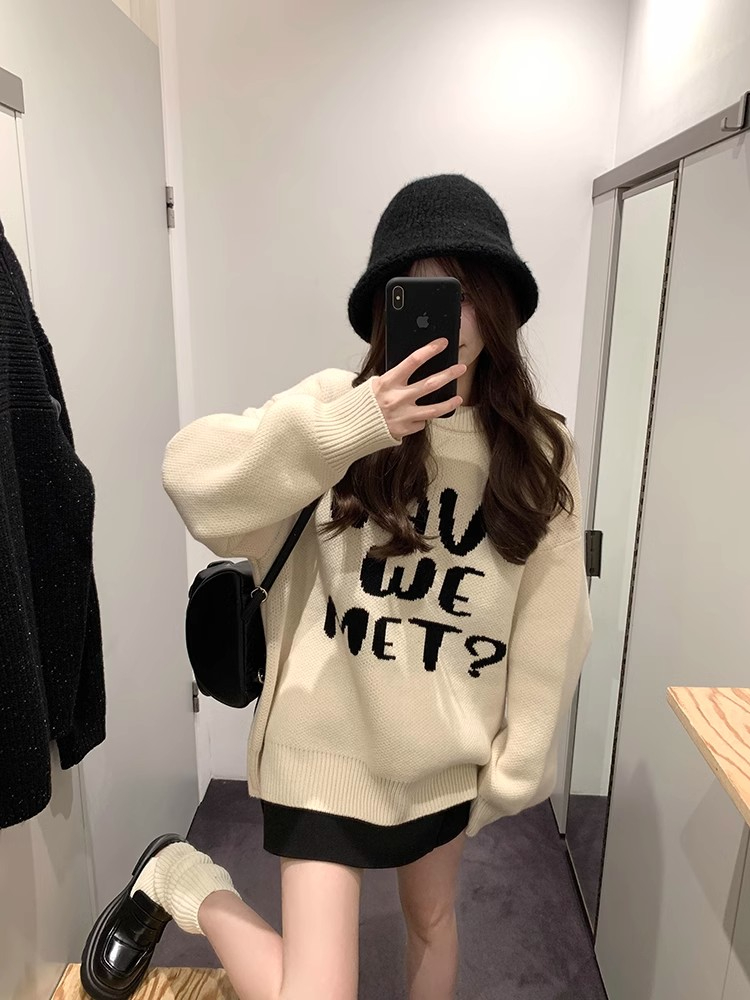 韓系慵懶風字母軟糯毛衣女秋冬設計感小眾寬鬆顯瘦小個子針織上衣