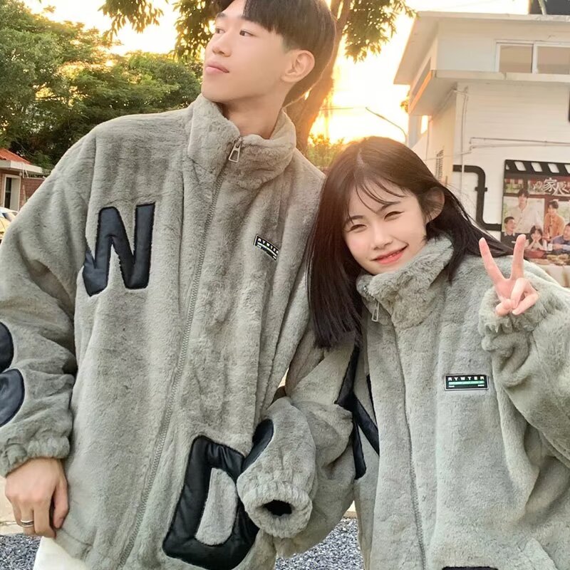 潮牌情侶裝外套秋冬季2023新款oversize羊羔毛加絨加厚皮夾棉衣服