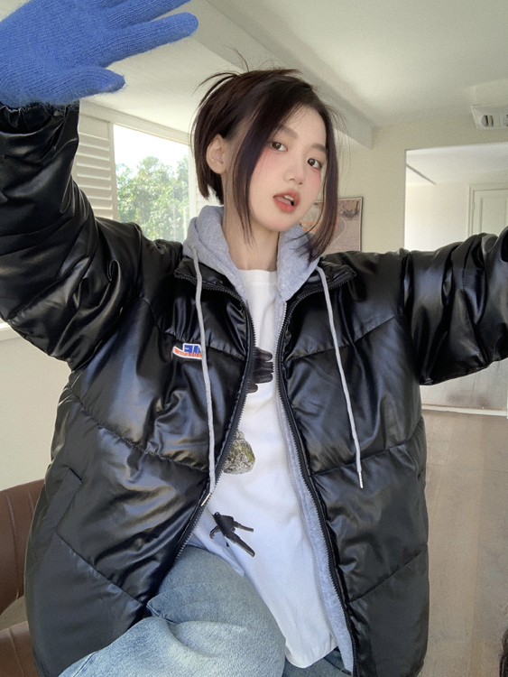 實拍 假兩件加厚麵包服保暖美式外套
