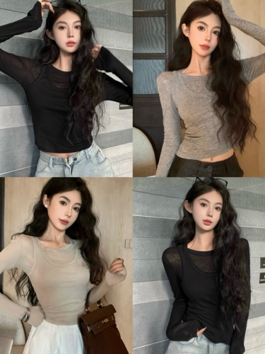 Real shot of hot girl style long-sleeved T-shirt vest vest two-piece set for women slim fit real two-piece bottoming outer top