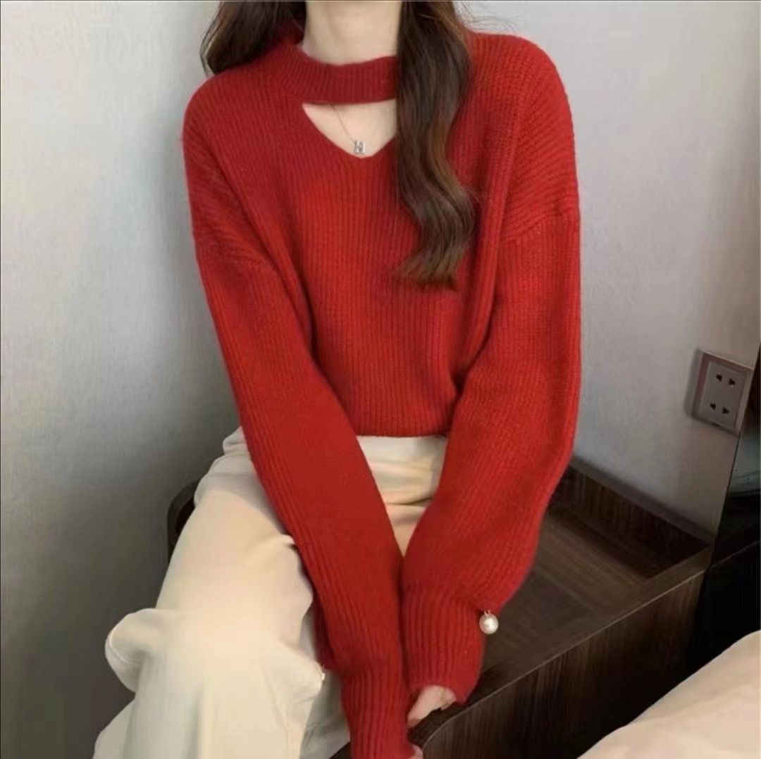 慵懶風珍珠掛脖長袖毛衣女秋冬洋氣外穿設計感軟糯針織衫上衣