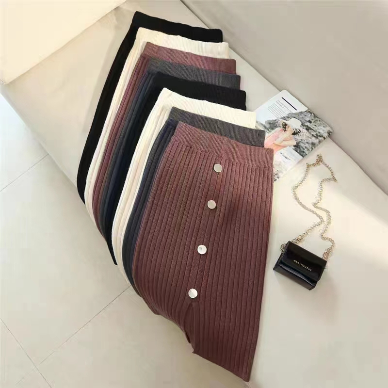 2023 New Hong Kong Style High Waist Knitted Skirt Women's Mid-Length Slit One-step Skirt Wool Hip Cover Skirt