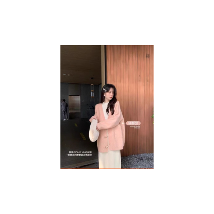 秋冬新款混色牛角扣針織開衫女慵懶寬鬆洋氣毛衣外套百搭中長上衣