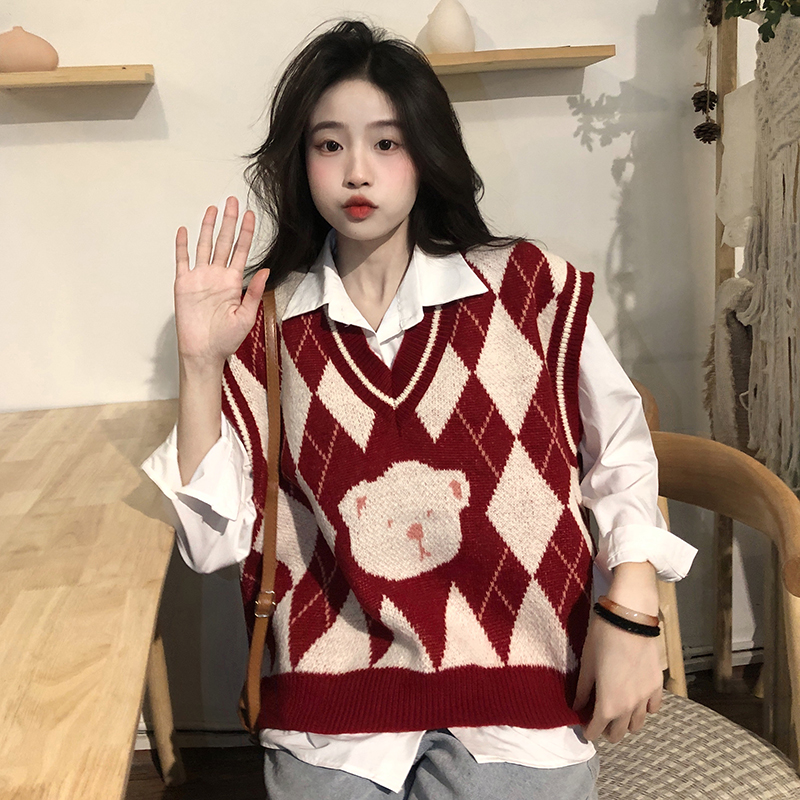Original in this file ~ real shot ~ Christmas red diamond bear head jacquard red knitted vest + shirt