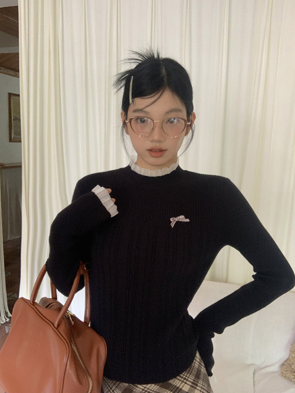紅人館蝴蝶結毛衣女秋冬2023新款內搭設計高級感半高領針織打底衫