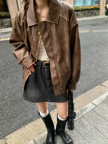 RAINY retro style old lapel leather jacket for women spring and autumn loose sweet cool motorcycle American jacket short coat