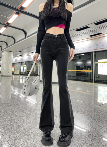 Actual shot of designer gradient black and gray slightly flared jeans for women in spring and autumn, high-waisted, slimming buttocks, horse hoof pants