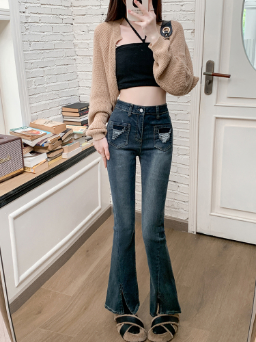 Real shot ~ Hot girl retro jeans for women in autumn high-waisted slimming boot-cut pants with design sense of slit long pants