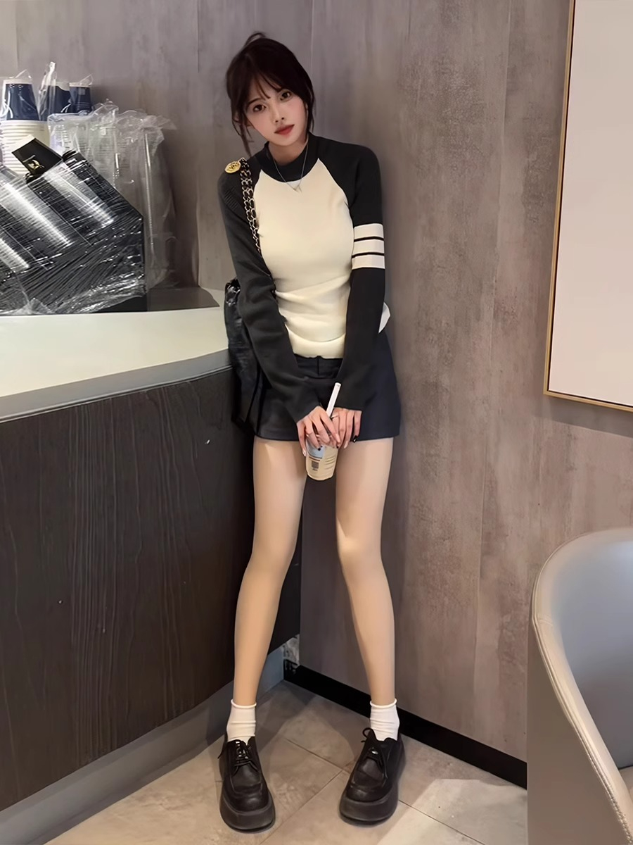 包芯紗 春秋新款圓領拼色長袖針織衫女裝慵懶風修身百搭條紋毛衣