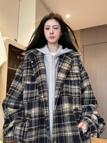 Woolen plaid quilted jacket fake two-piece woolen plaid versatile casual loose short coat