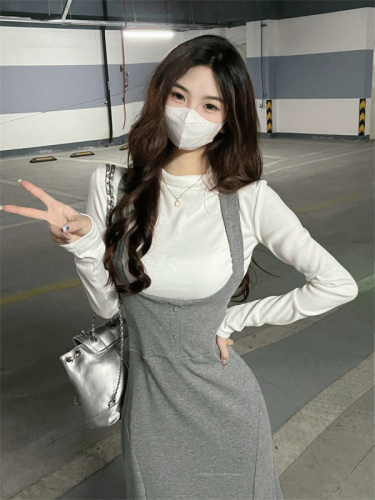 Real shot of flesh-covering slimming suit for female autumn hot girl with pear-shaped figure fishtail suspender dress