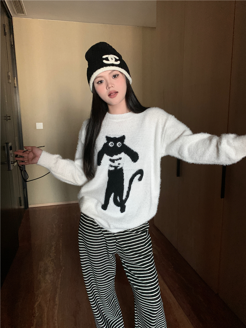 實拍 軟糯可愛貓咪提花毛絨長袖毛衣