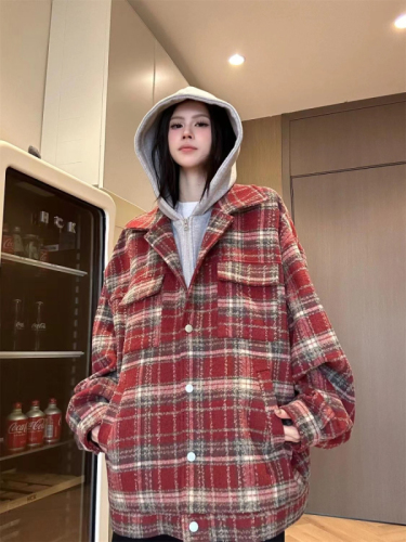 Woolen plaid quilted jacket fake two-piece woolen plaid versatile casual loose short coat