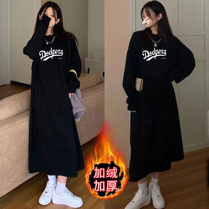 加絨韓版衛衣女秋冬保暖長款T恤網紅洋氣學生外穿百搭過膝連衣裙