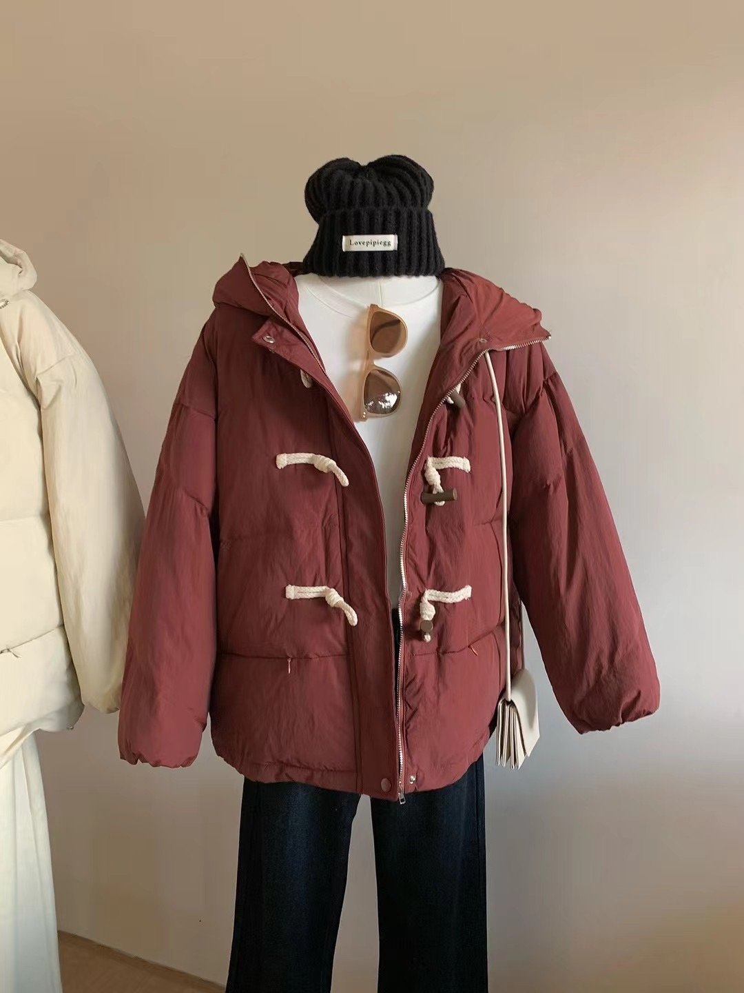 實拍～2023新款牛角扣羽絨服韓版寬鬆白鴨絨冬季小個子短款外套