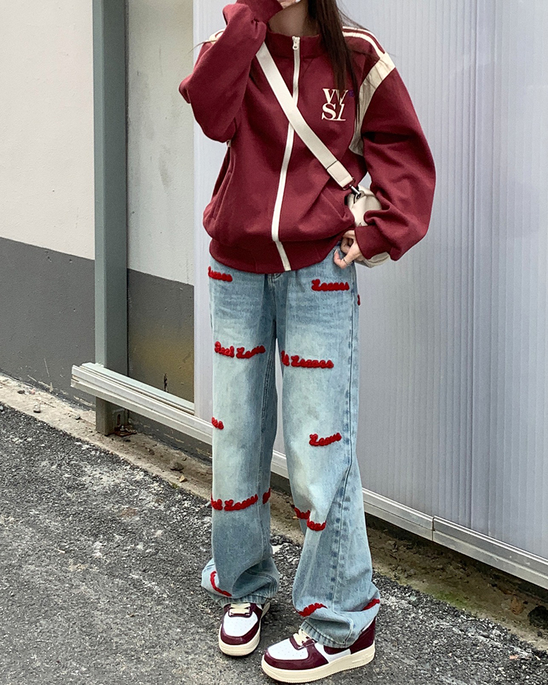 實拍2023秋冬新款小眾復古刺繡撞色直通牛仔褲女設計感寬鬆拖地褲