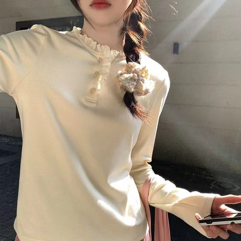 Official picture T-shirt women's lace ruffle collar spliced ​​multi-button long-sleeved bottoming shirt autumn and winter short top