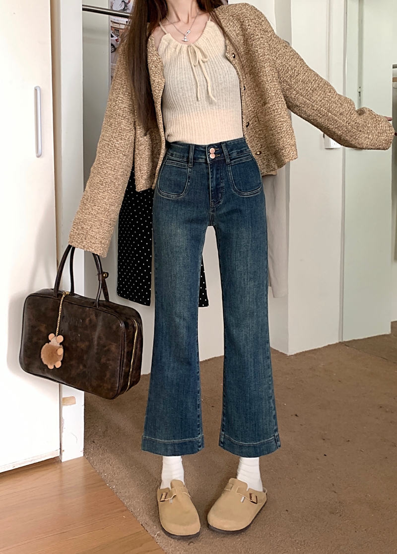 Actual shot#New style washed stretch denim trousers for women, designed micro-flared nine-point straight pants