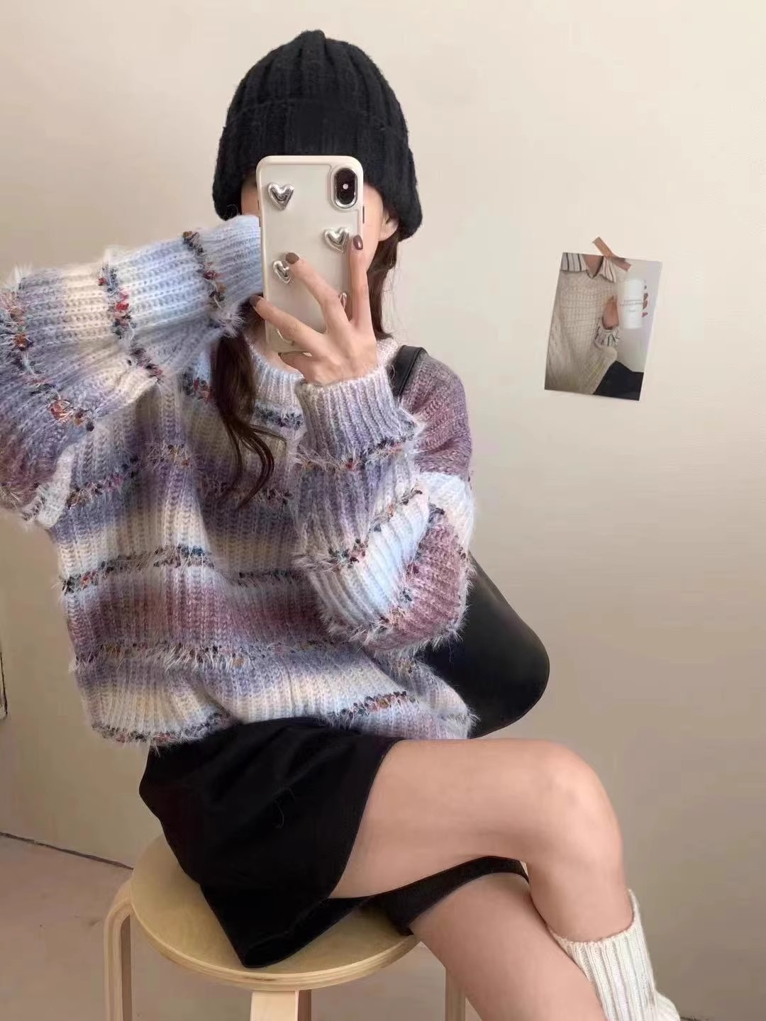 2023秋季新款時尚韓系溫柔少女撞色條紋毛衣女圓領厚款百搭針織衫