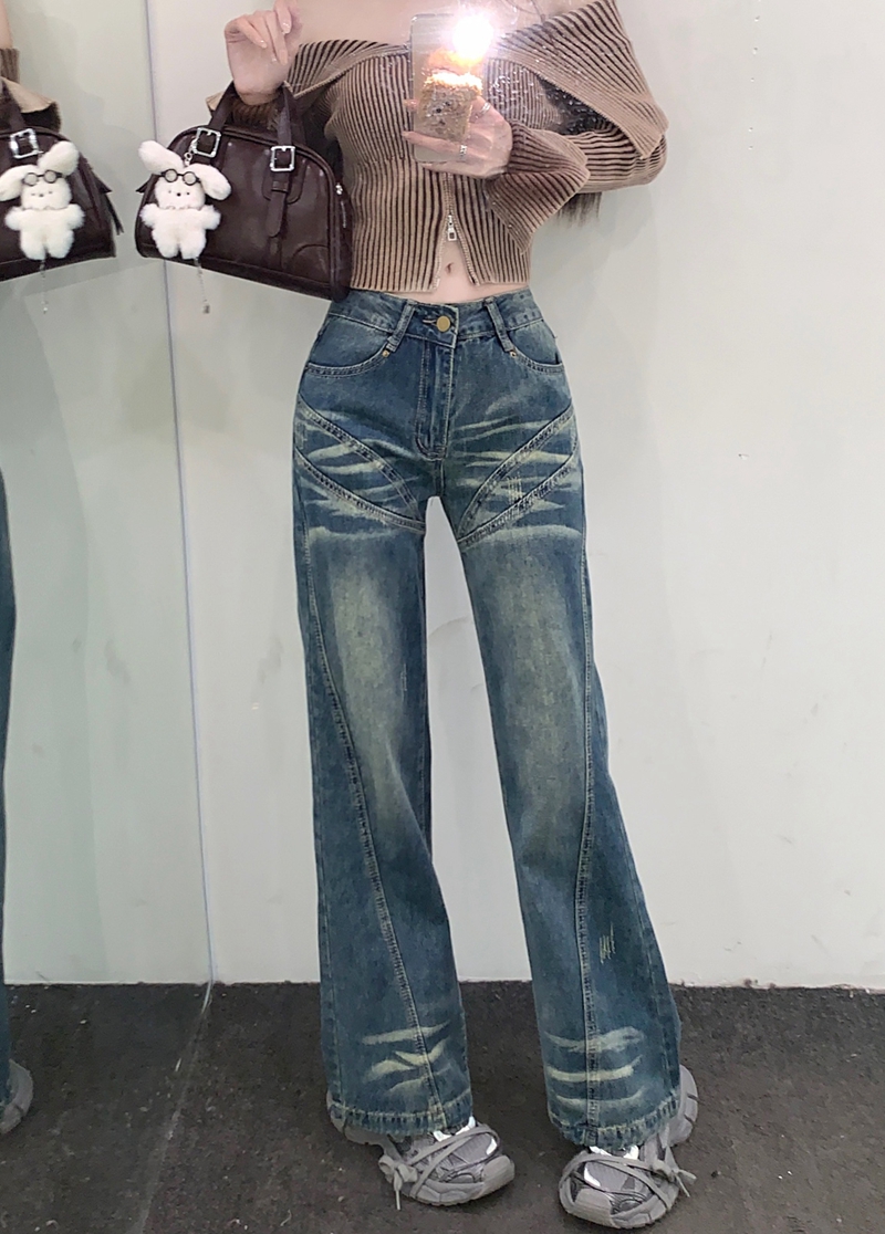 Actual shot#High-waisted loose denim trousers for women, designed washed retro splicing wide-leg floor-length trousers