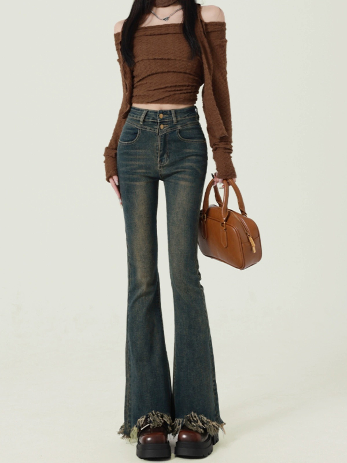 Retro blue bootcut jeans for women 2023 autumn and winter new style raw edge tassel versatile slimming bell bottoms
