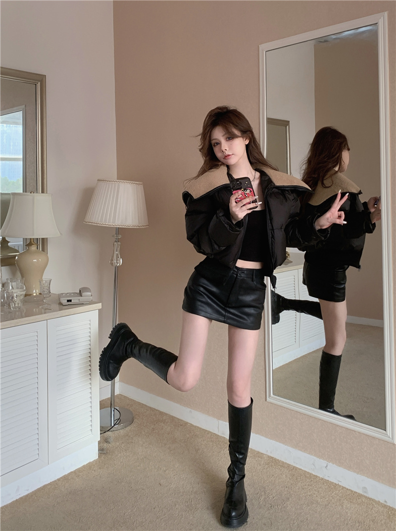 實拍~美拉德高腰羽絨服短款2023年羊羔毛大翻領加厚束腰外套