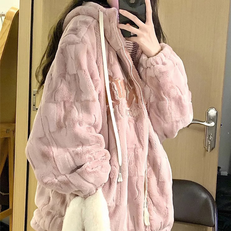 粉色連帽毛絨短外套女2023新款秋冬高級感超好看寬鬆加厚棉服