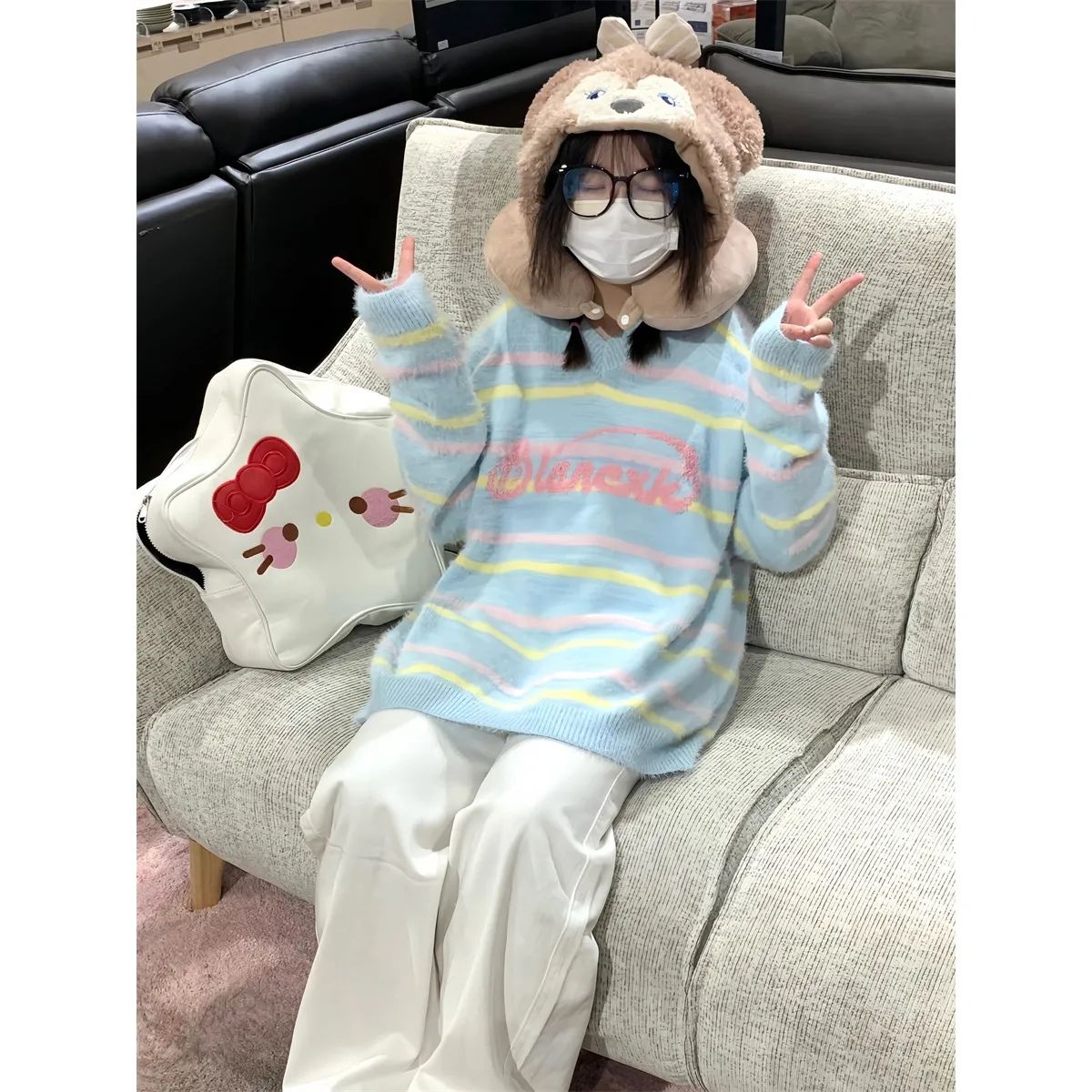 甜美撞色條紋外套多巴胺穿搭拼接減齡字母慵懶風彩虹毛衣