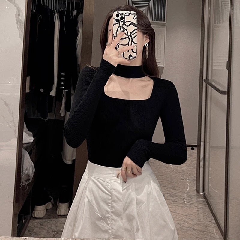 Square-neck sweater bottoming shirt for women with fur inner layer, autumn and winter new style foreign style French atmosphere exposed clavicle halter neck top