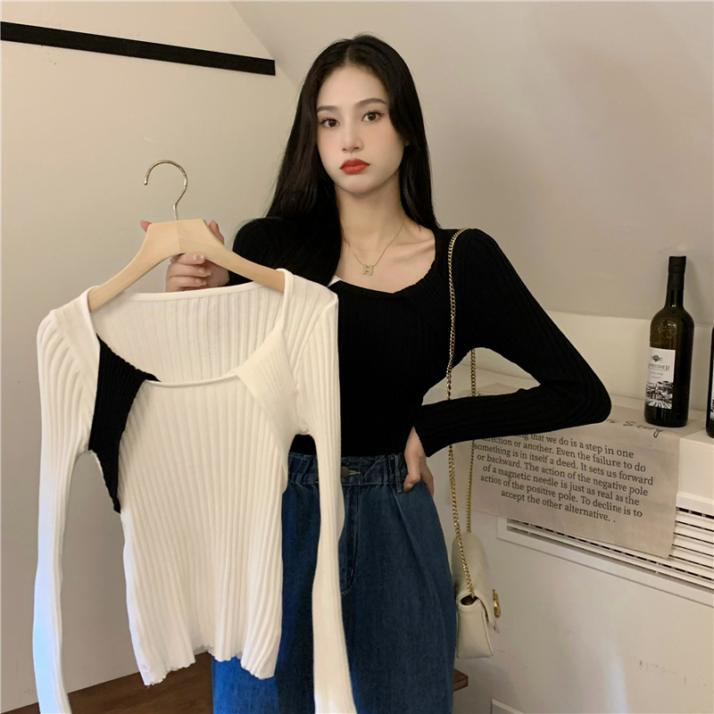 Actual shot of chic splicing pit strips slimming square neck long-sleeved knitted bottoming shirt with T-shirt top for women
