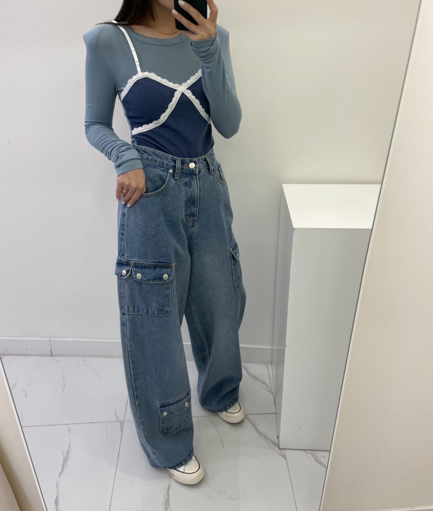 多口袋闊腿牛仔褲