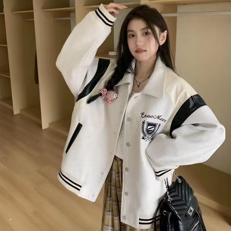 American college style woolen baseball uniform jacket for women autumn loose design lapel jacket