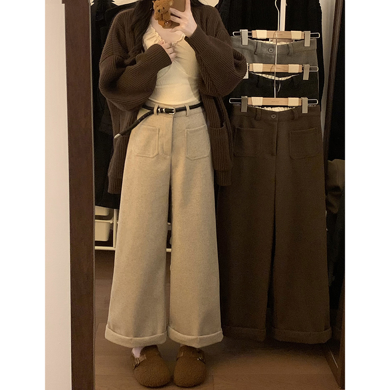 實拍2023秋冬季呢子鬆緊腰休閒九分闊腿褲子女寬鬆卷邊休閒西褲女