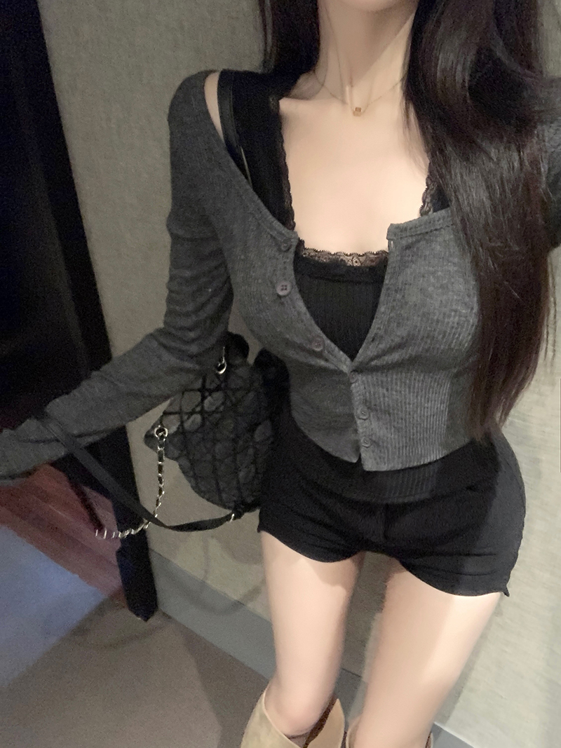 實拍  性感百搭蕾絲背心上衣+多扣長袖兩件套套裝女