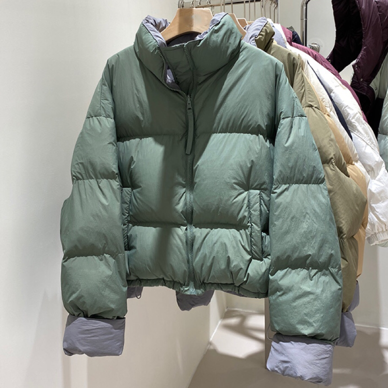 韓國原版袖口撞色羽絨服女冬季新款立領小個子短款簡約麵包外套