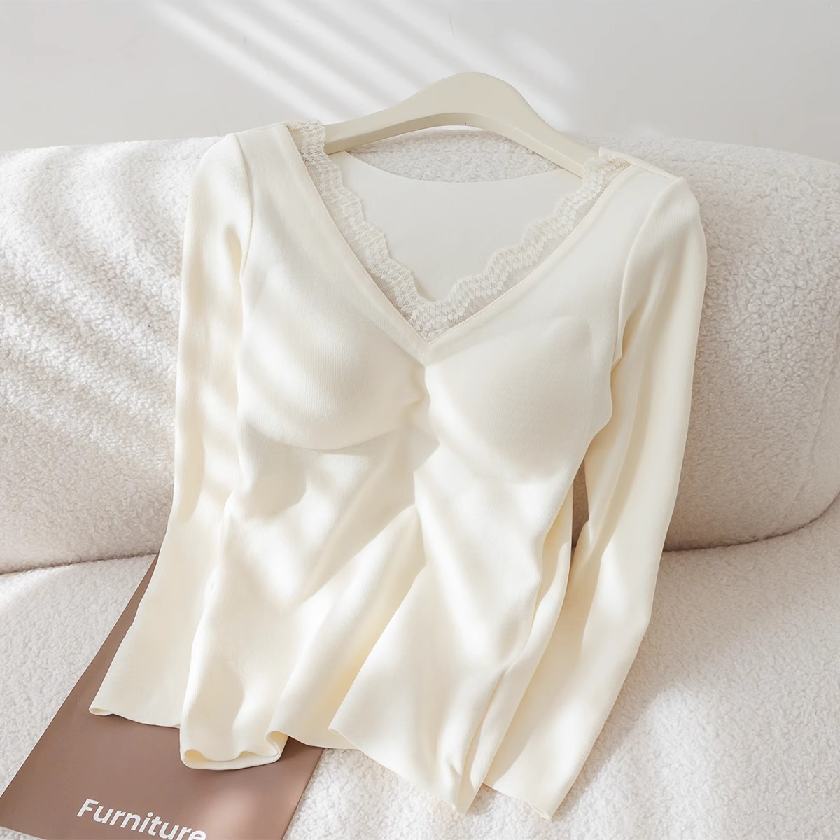 Official picture V-neck lace splicing autumn and winter long-sleeved T-shirt top with chest pad for women's bottoming shirt