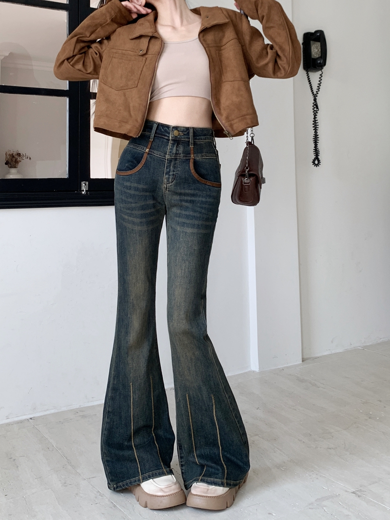 Actual shot #New stretch micro-flared trousers with slim design and floor-length mopping jeans