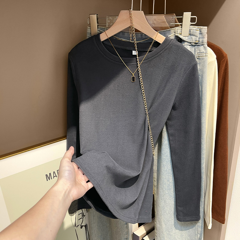 Actual shot of spring and autumn new loose double-sided German velvet round neck solid color thickened long-sleeved bottoming shirt T-shirt for women