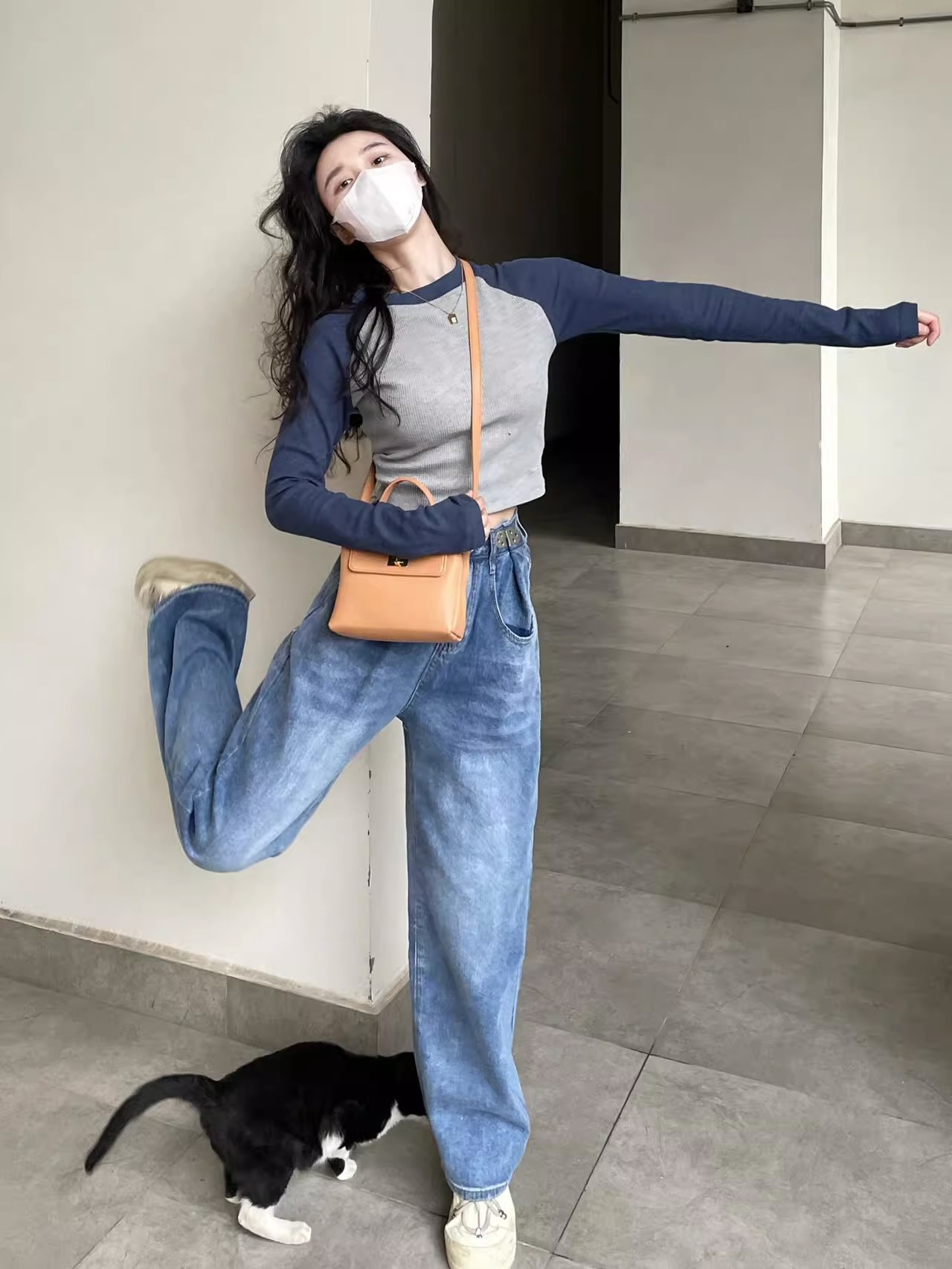 包肩包領美式復古插肩長袖t恤打底衫設計感春秋季辣妹短款上衣