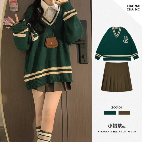 Salt style autumn and winter new American college style fashion loose casual pullover sweater pleated skirt three-piece suit