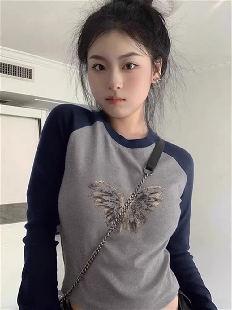包肩包領美式復古插肩長袖t恤打底衫設計感春秋季辣妹短款上衣
