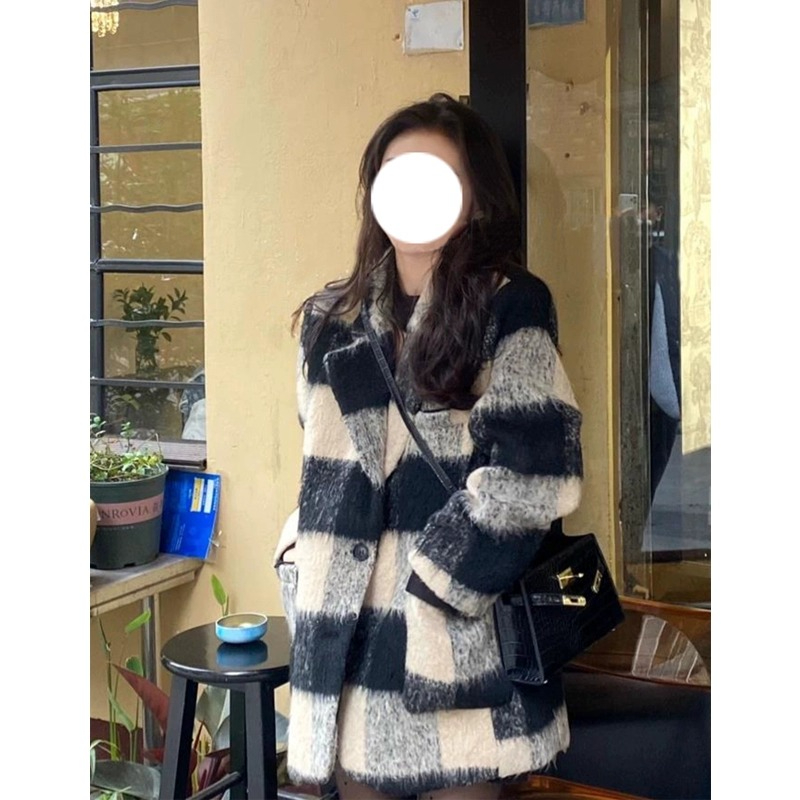 美式復古西裝毛呢格子外套女加厚冬季百搭慵懶風大衣