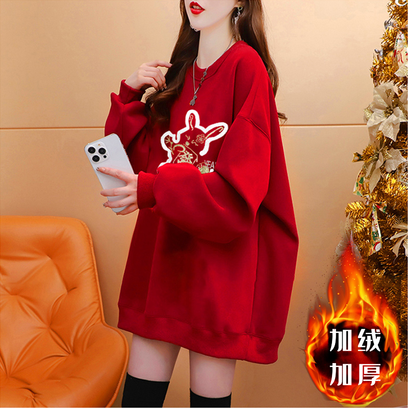 網紅新款新年衣服 秋冬季華棉加絨加厚中長款寬鬆衛衣女