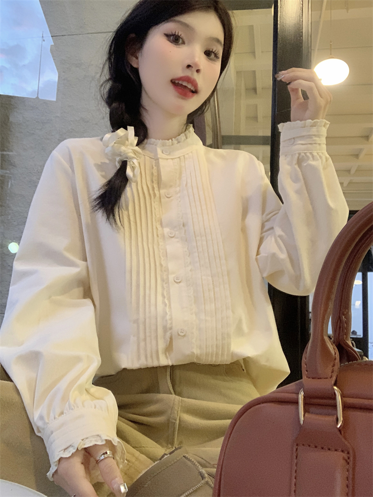 實拍 秋季新款別致立領木耳邊寬鬆長袖襯衫女上衣