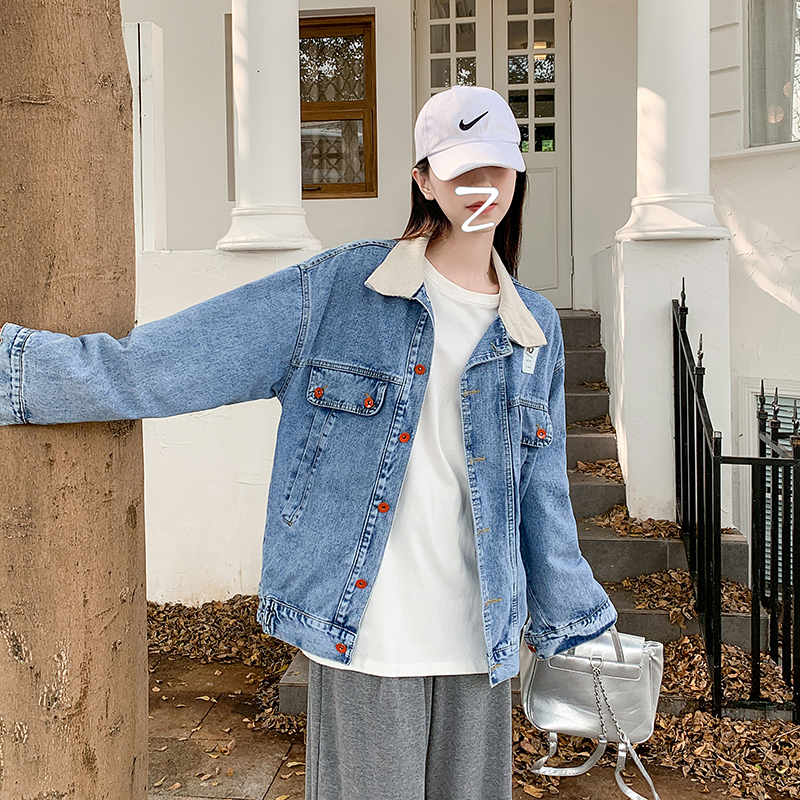 Real shot ~ Retro light-colored washed distressed corduroy spliced ​​denim jacket women's loose jacket trendy top