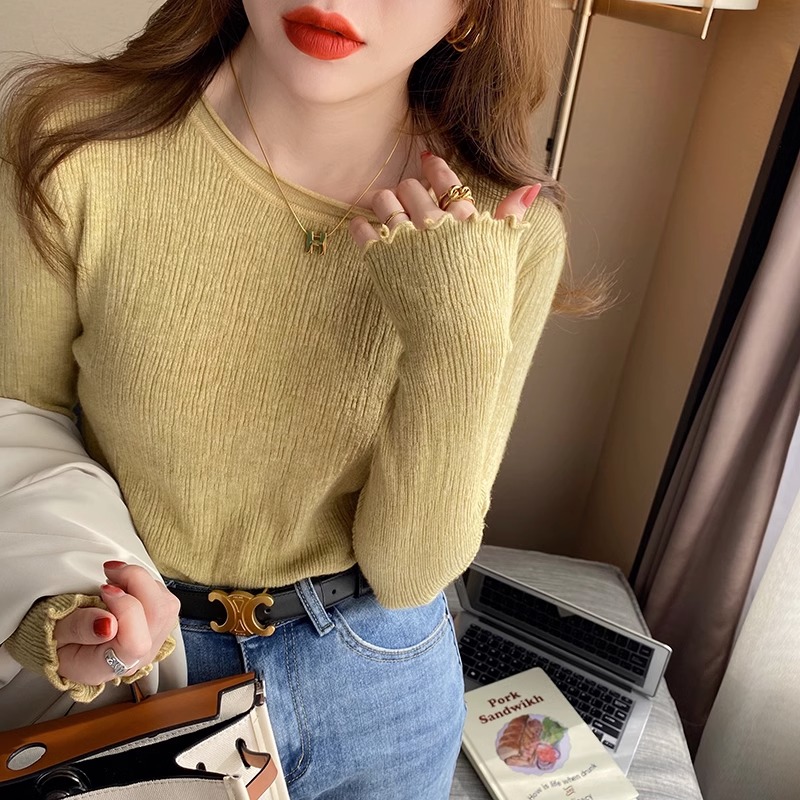 打底衫女秋季2023新款小眾設計感秋冬加絨毛衣圓領針織衫內搭上衣