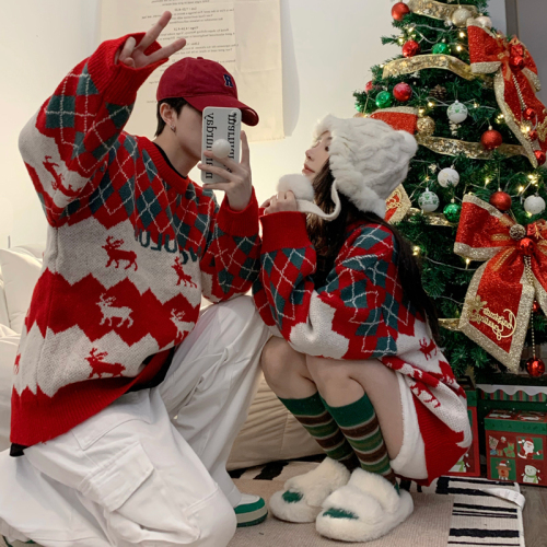 圣诞款毛衣男冬季圆领宽松慵懒风日系复古针织衫潮牌红色情侣线衣