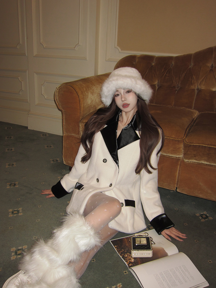 Real shot of second-hand vintage imitation mink velvet and leather contrasting suit jacket, winter temperament straight loose suit