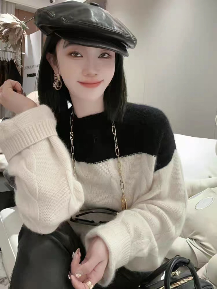 2023新款甜美氣質減齡麻花撞色高級感圓領寬鬆百搭時尚針織毛衣女