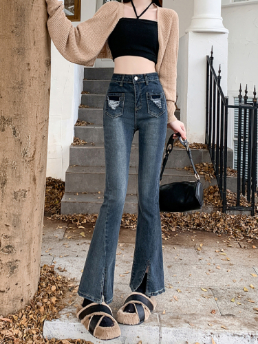 Real shot ~ Hot girl retro jeans for women in autumn high-waisted slimming boot-cut pants with design sense of slit long pants